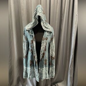 Newport News Teal Hooded Poncho with Brown Embroidery